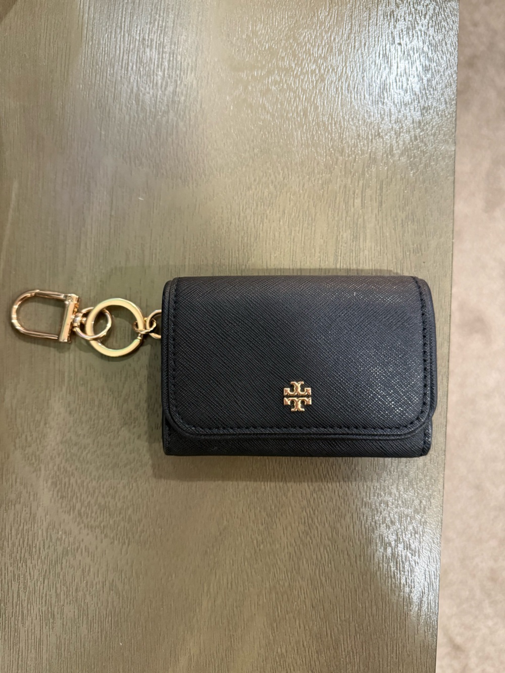 Tory Burch Black Saffiano Leather Key Wallet with Gold Hardware